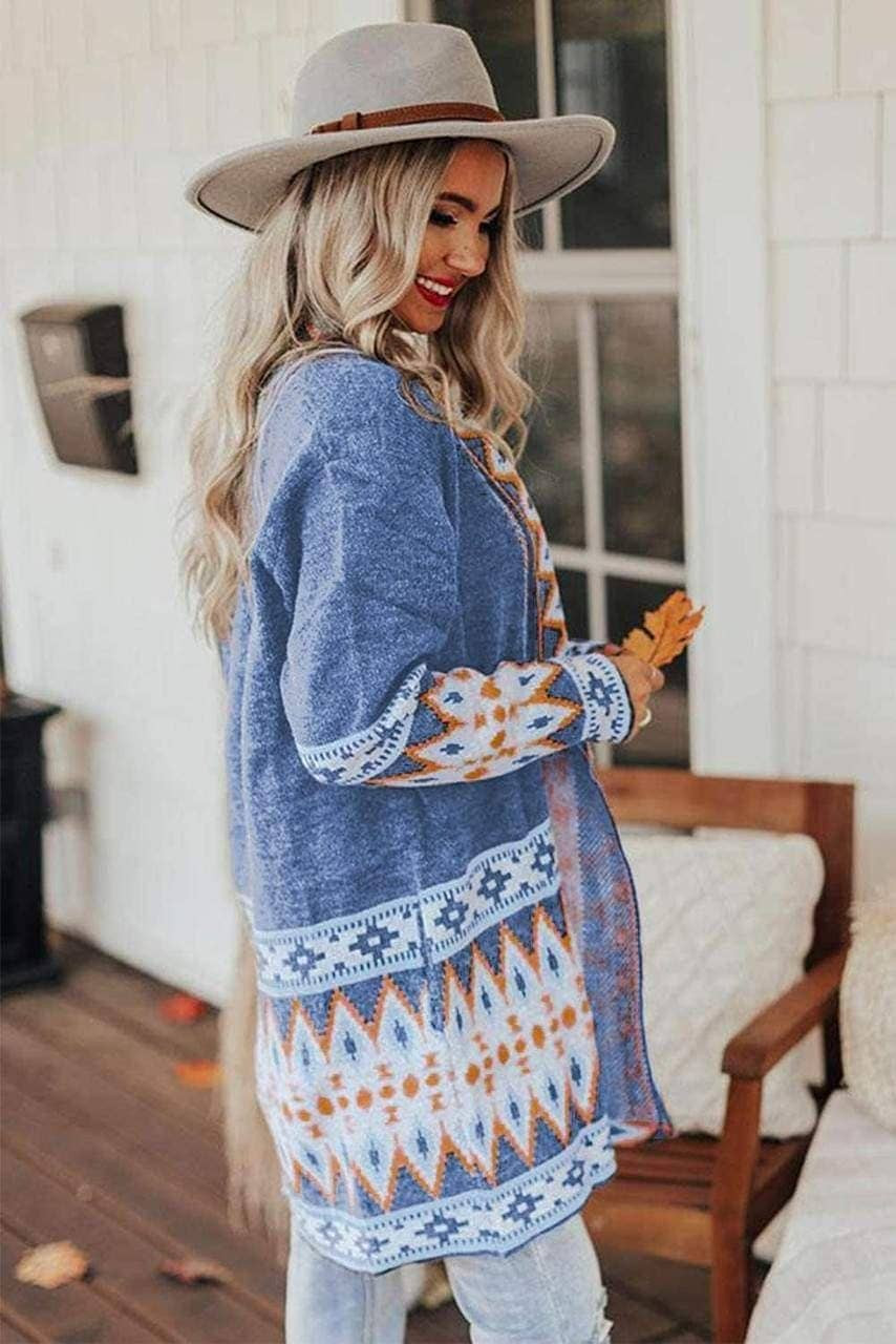 Blue Aztec Print Open Front Knitted Cardigan Blue Aztec Print Open Front Knitted Cardigan