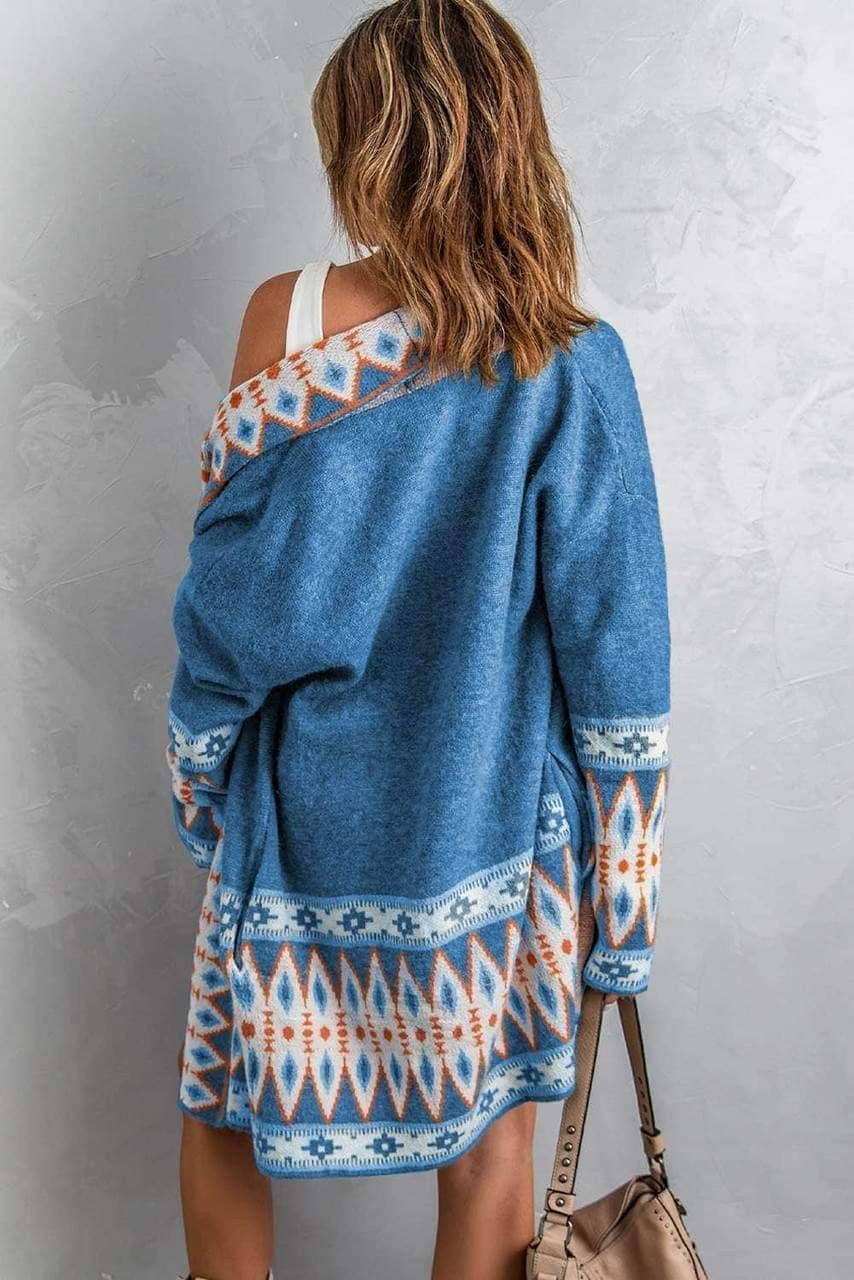 Blue Aztec Print Open Front Knitted Cardigan Blue Aztec Print Open Front Knitted Cardigan