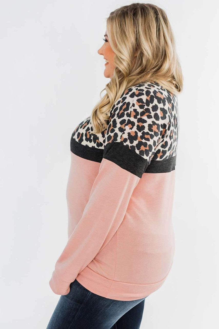 Pink Leopard Colorblock Plus Size Sweatshirt