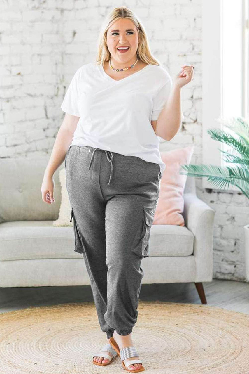 Gray Elastic Waist Side Pocket Plus Size Jogger Pants