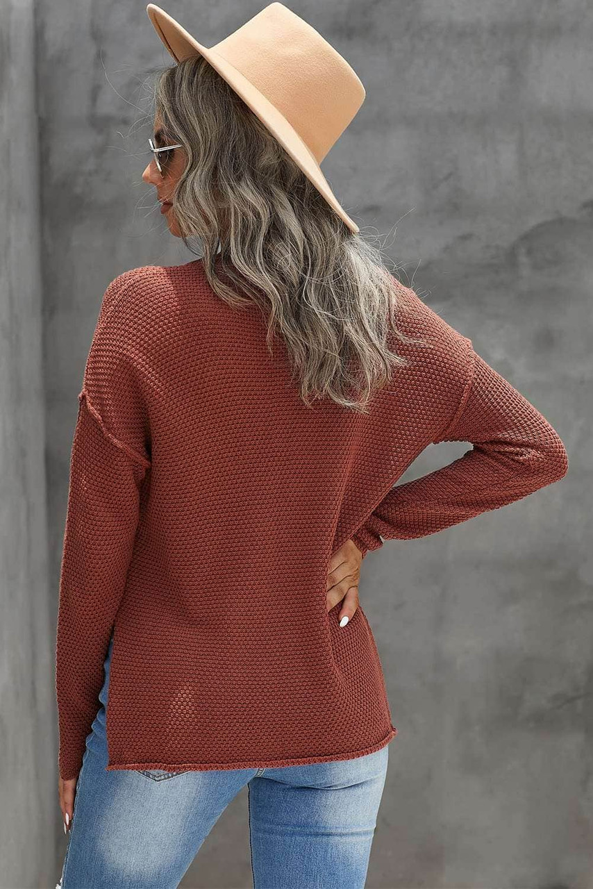 Henley Pullover Drop Shoulder Sweater with Slits