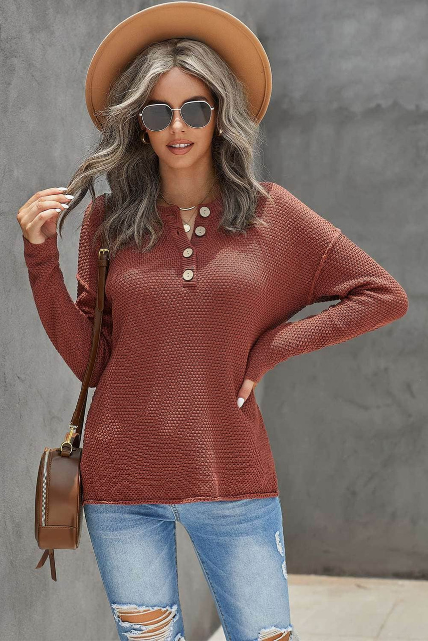 Henley Pullover Drop Shoulder Sweater with Slits