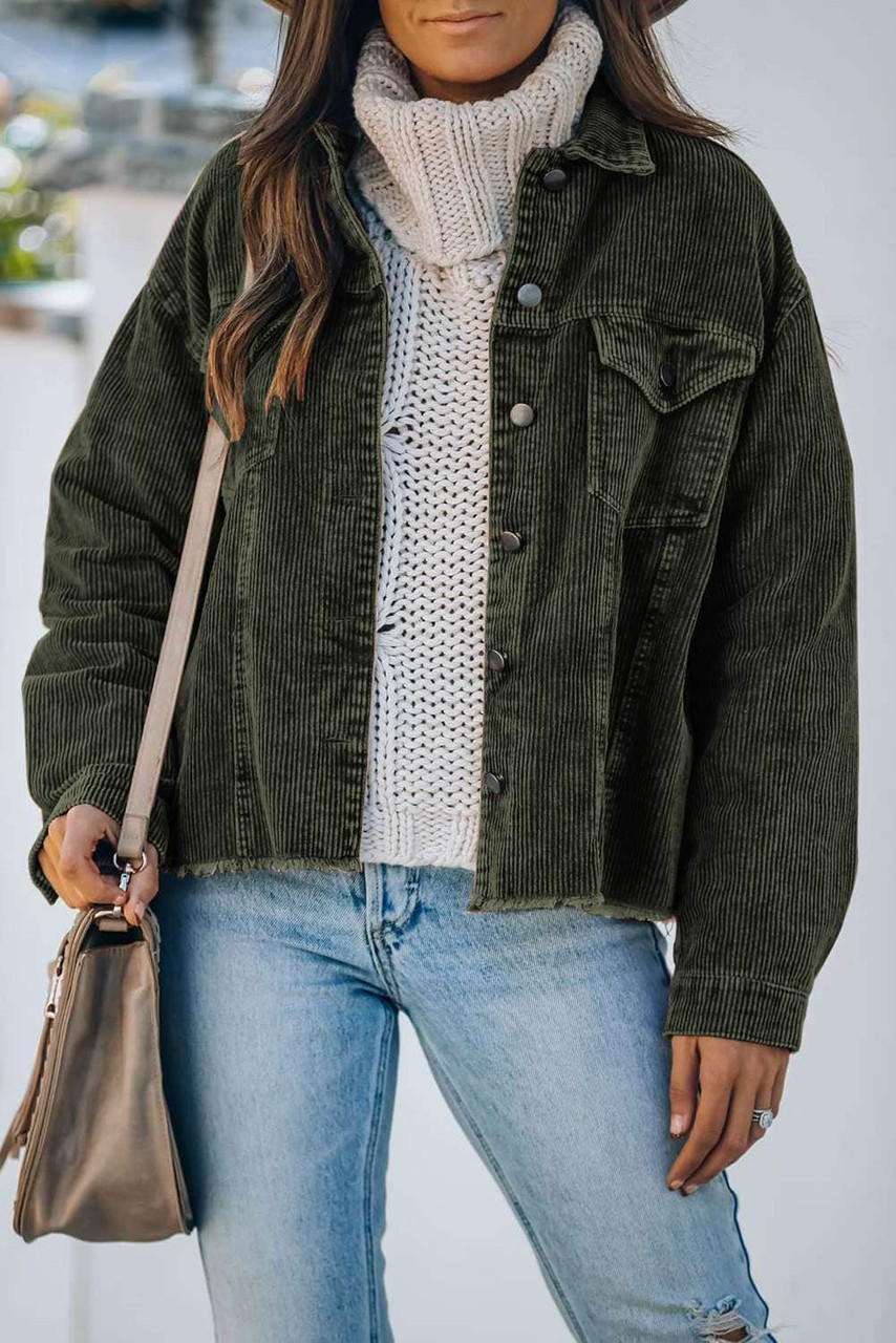 Green Corduroy Pocket Buttoned Jacket