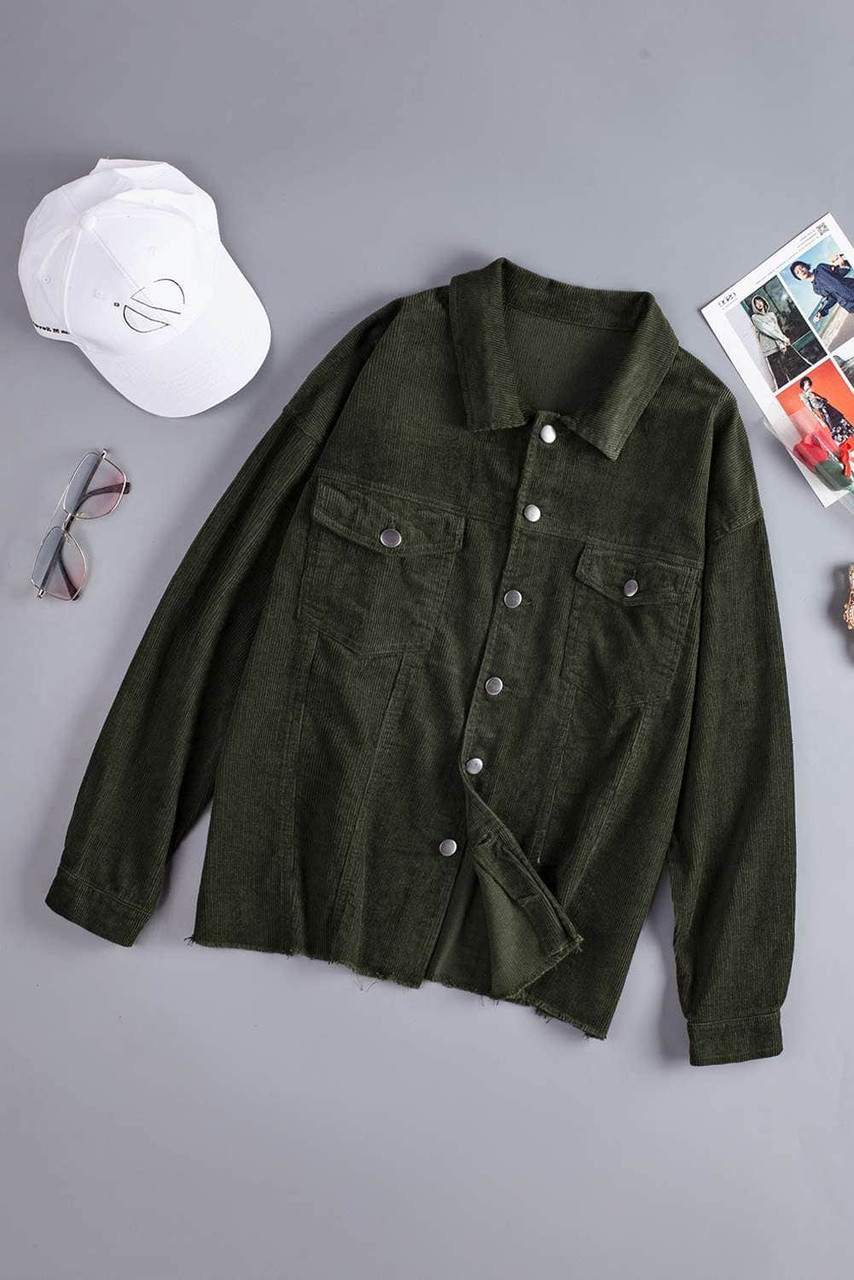 Green Corduroy Pocket Buttoned Jacket