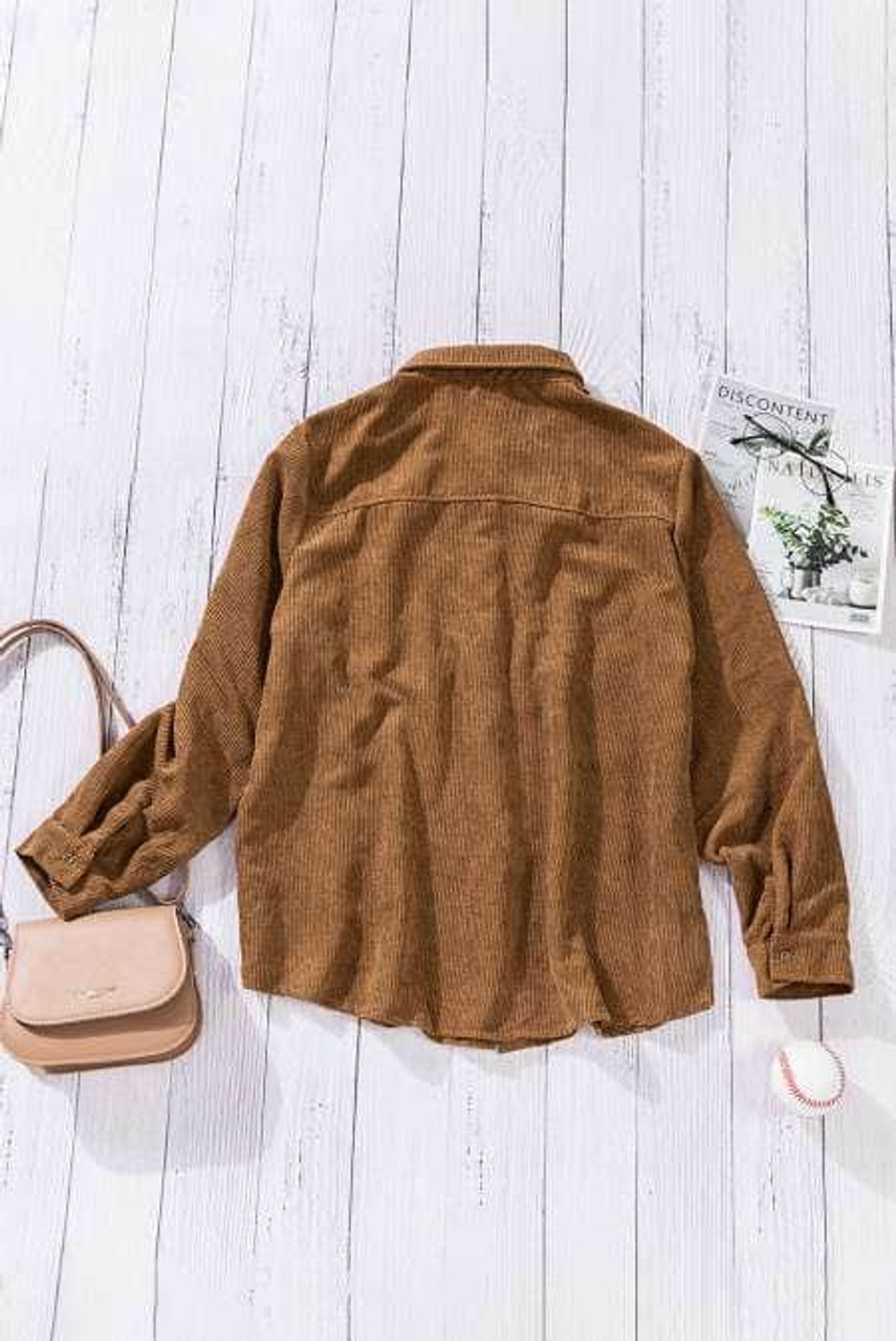 Brown Rivet Corduroy Buttoned Long Sleeve Shirt with Pockets