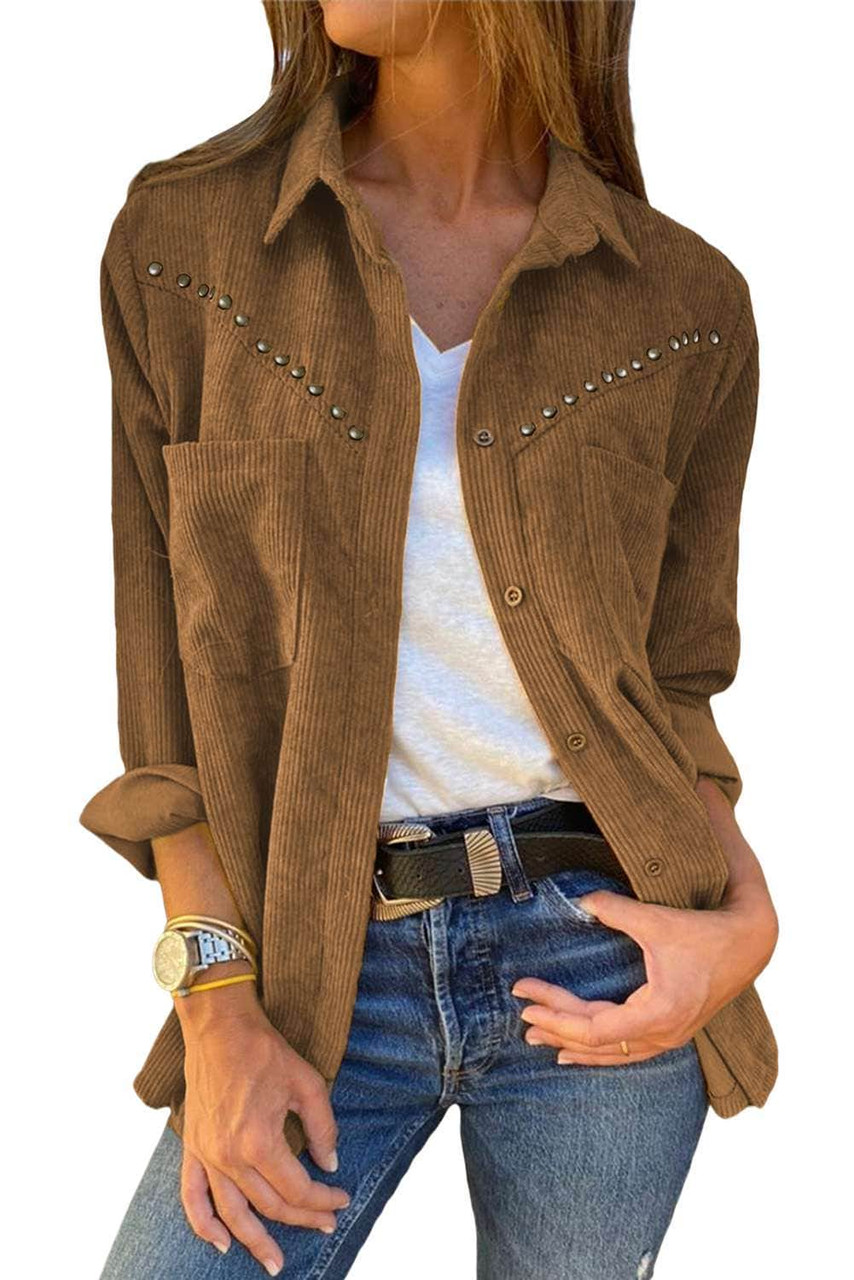 Brown Rivet Corduroy Buttoned Long Sleeve Shirt with Pockets