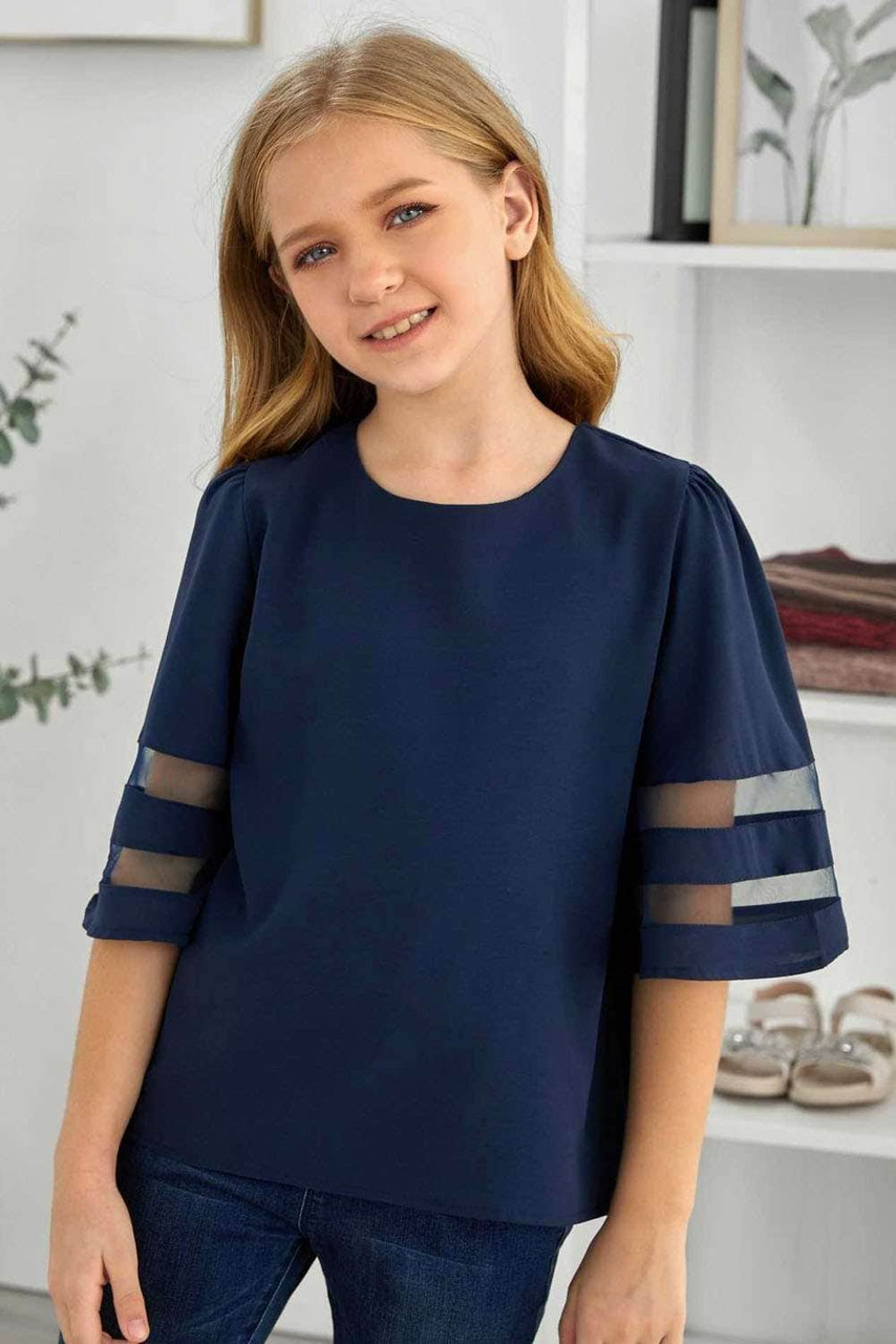 Dark Blue Girl's 3/4 Bell Sleeve Mesh Panel Blouse