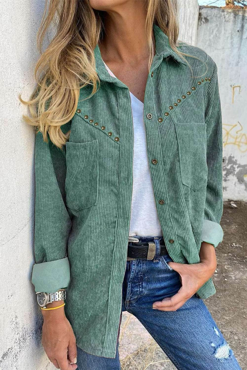 Green Rivet Corduroy Buttoned Long Sleeve | dealstunnel.com