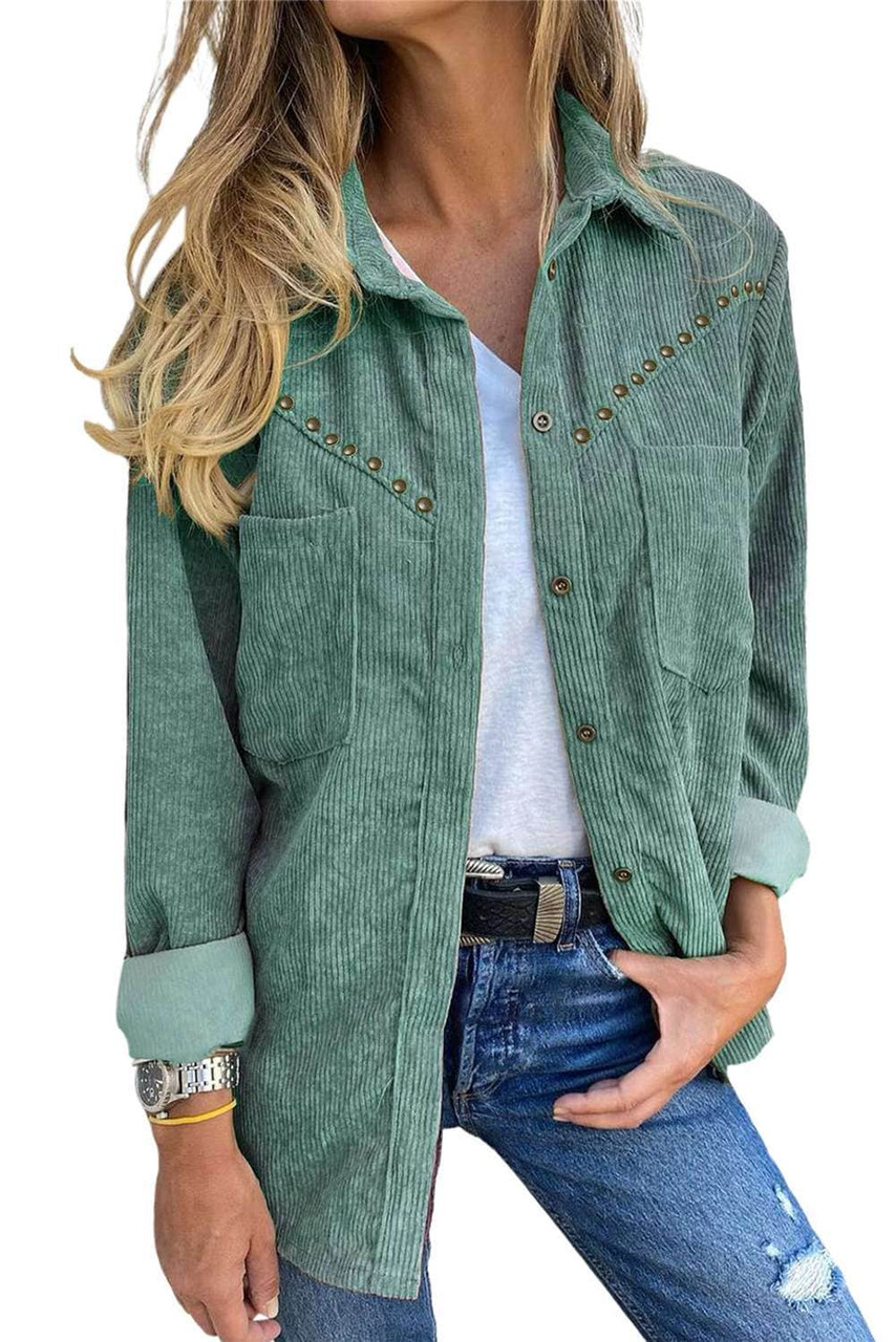 Green Rivet Corduroy Buttoned Long Sleeve Shirt with Pockets