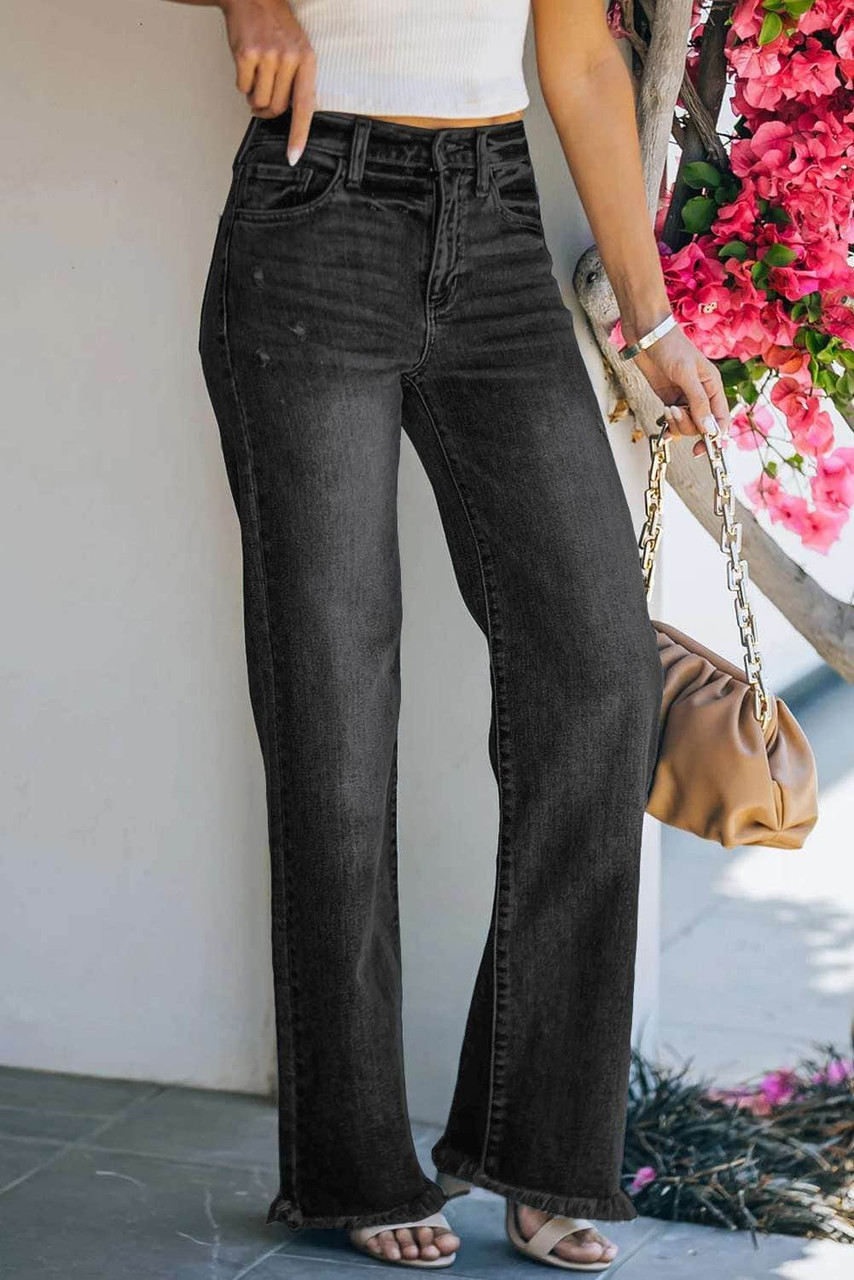 Black Raw Hem Straight Leg Jeans