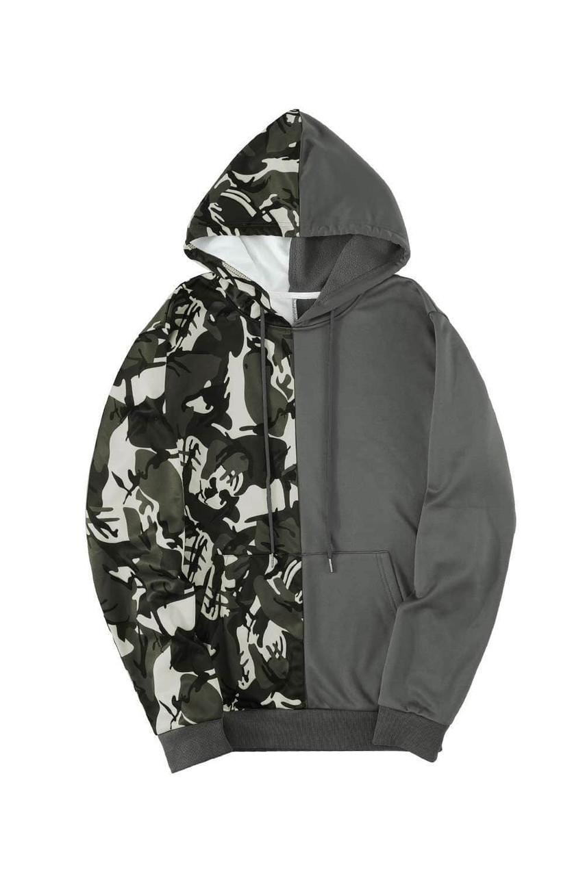 Gray Camo Colorblock Men's Hoodie with Kangaroo Pocket