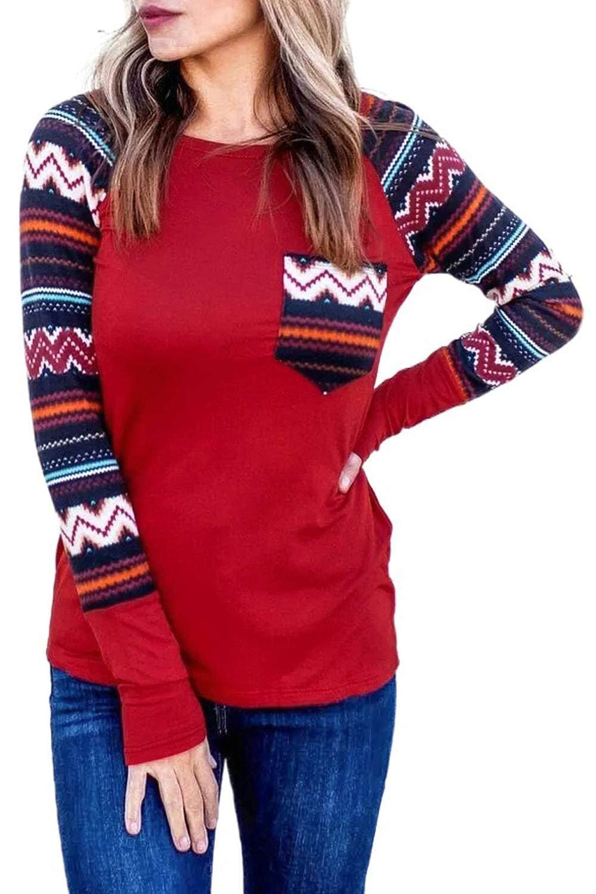 Red Raglan Sleeve Aztec Geometric Patchwork Top with Pocket