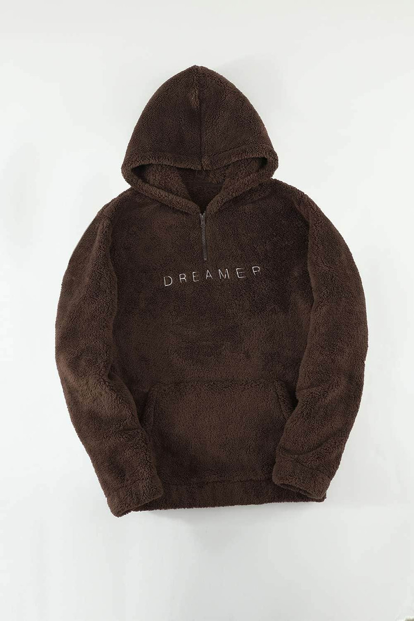 Brown Letter Embroidered Long Sleeve Men's Sherpa Hoodie
