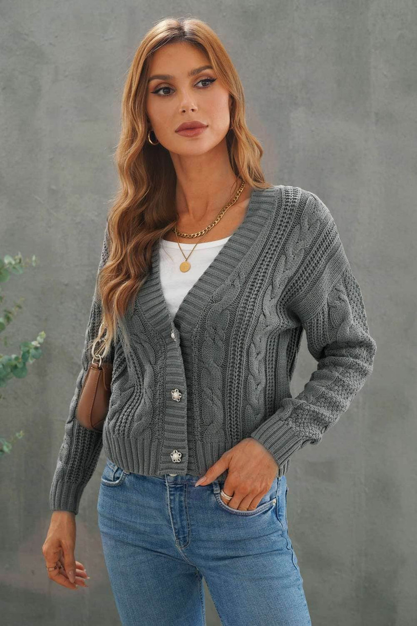 Dark Gray Buttons Weave Knit Cardigan