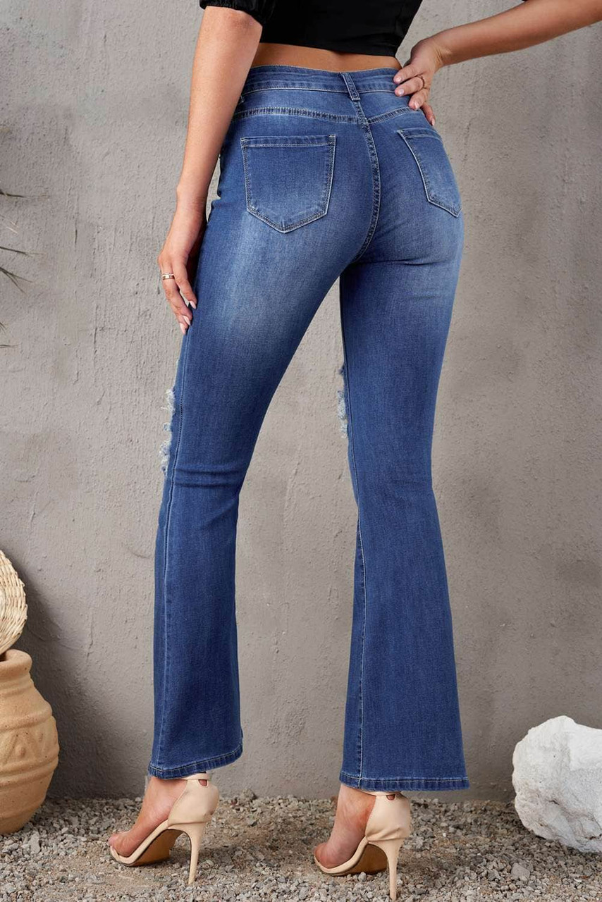 Blue Mid Waist Distressed Flared Jeans