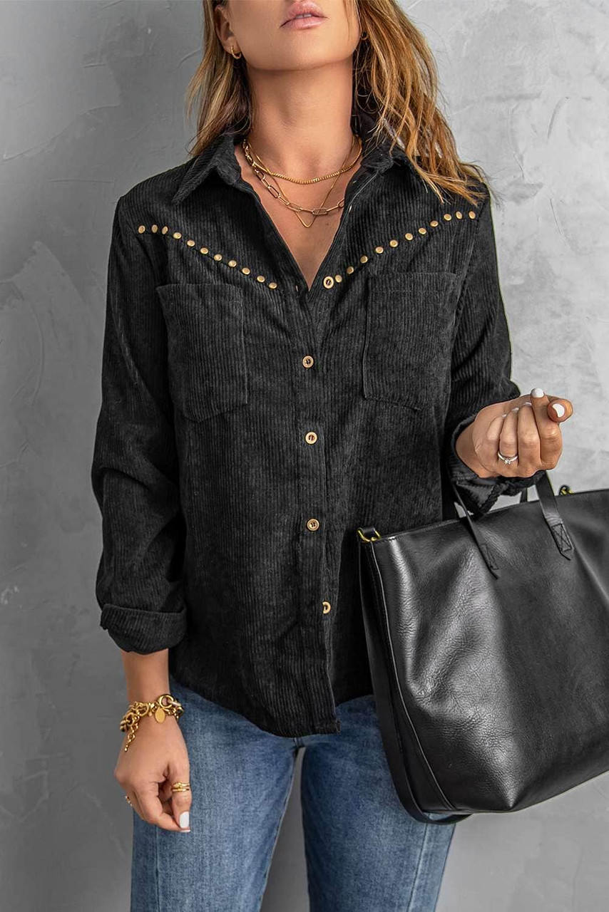 Black Rivet Corduroy Buttoned Long Sleeve Shirt with Pockets