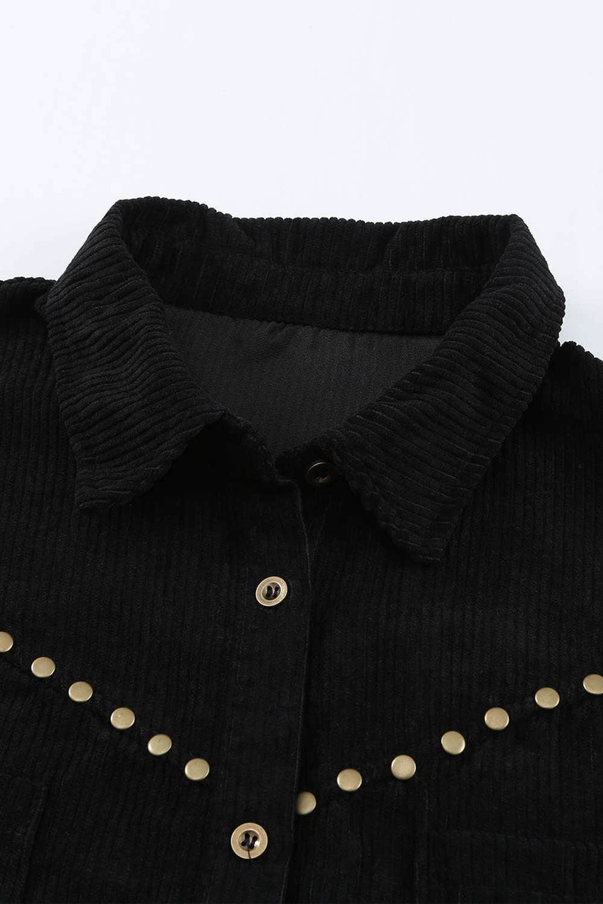 Black Rivet Corduroy Buttoned Long Sleeve Shirt with Pockets