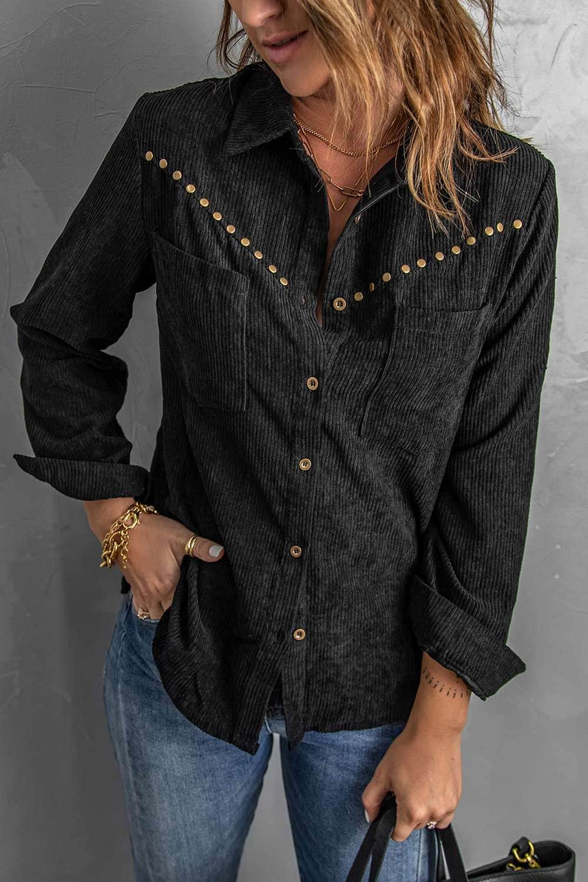 Black Rivet Corduroy Buttoned Long Sleeve | dealstunnel.com