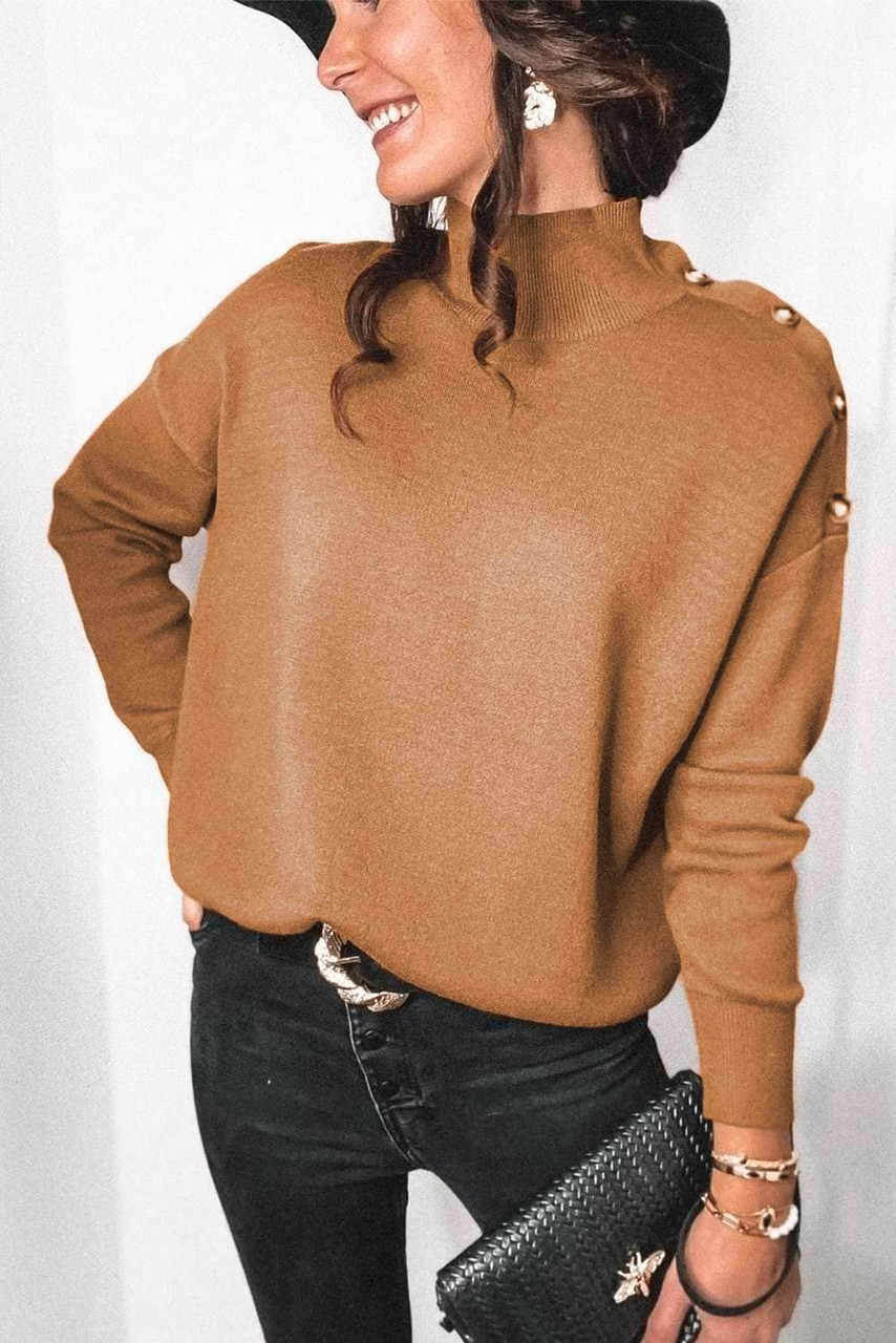 Khaki  High Neck Button Shoulder Long Sleeve Sweater