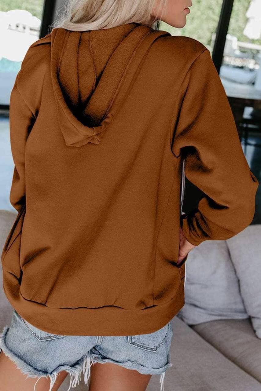 Brown Zip-Up Pocket Drawstring Hoodie Jacket