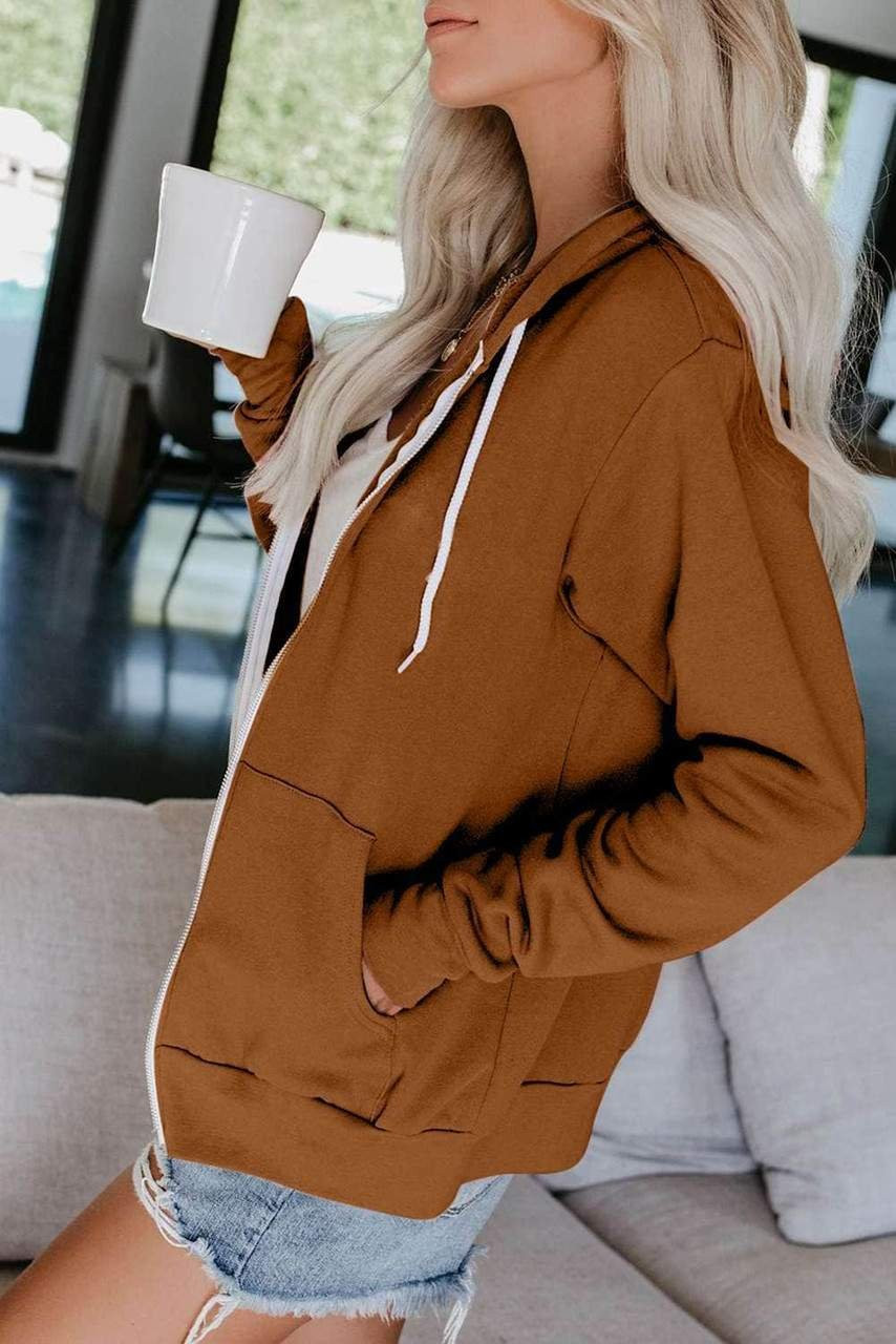 Brown Zip-Up Pocket Drawstring Hoodie Jacket