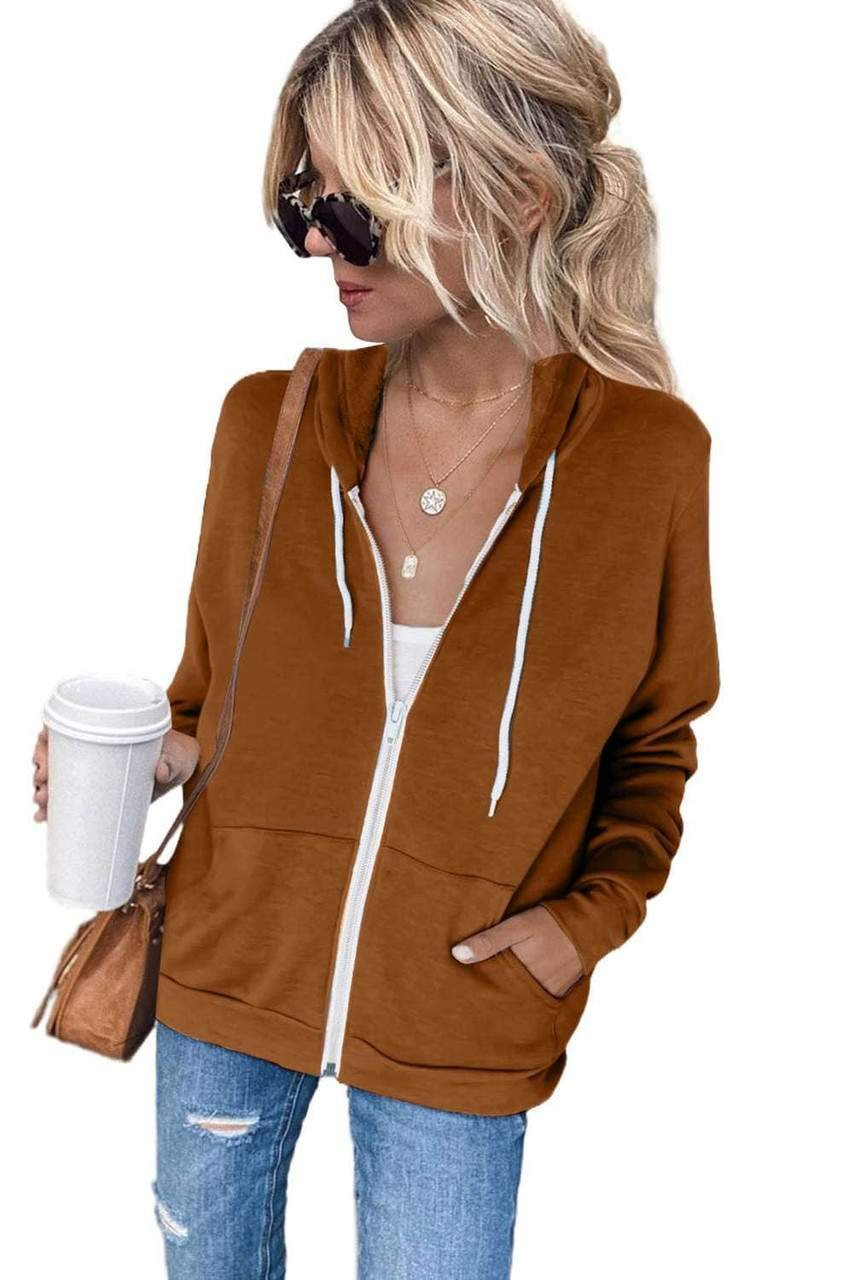 Brown Zip-Up Pocket Drawstring Hoodie Jacket