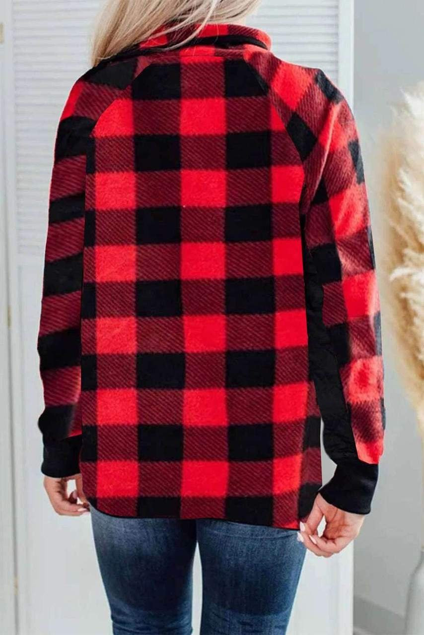 Red Long Sleeve Plaid Paneled Sweatshirt Red Long Sleeve Plaid Paneled Sweatshirt