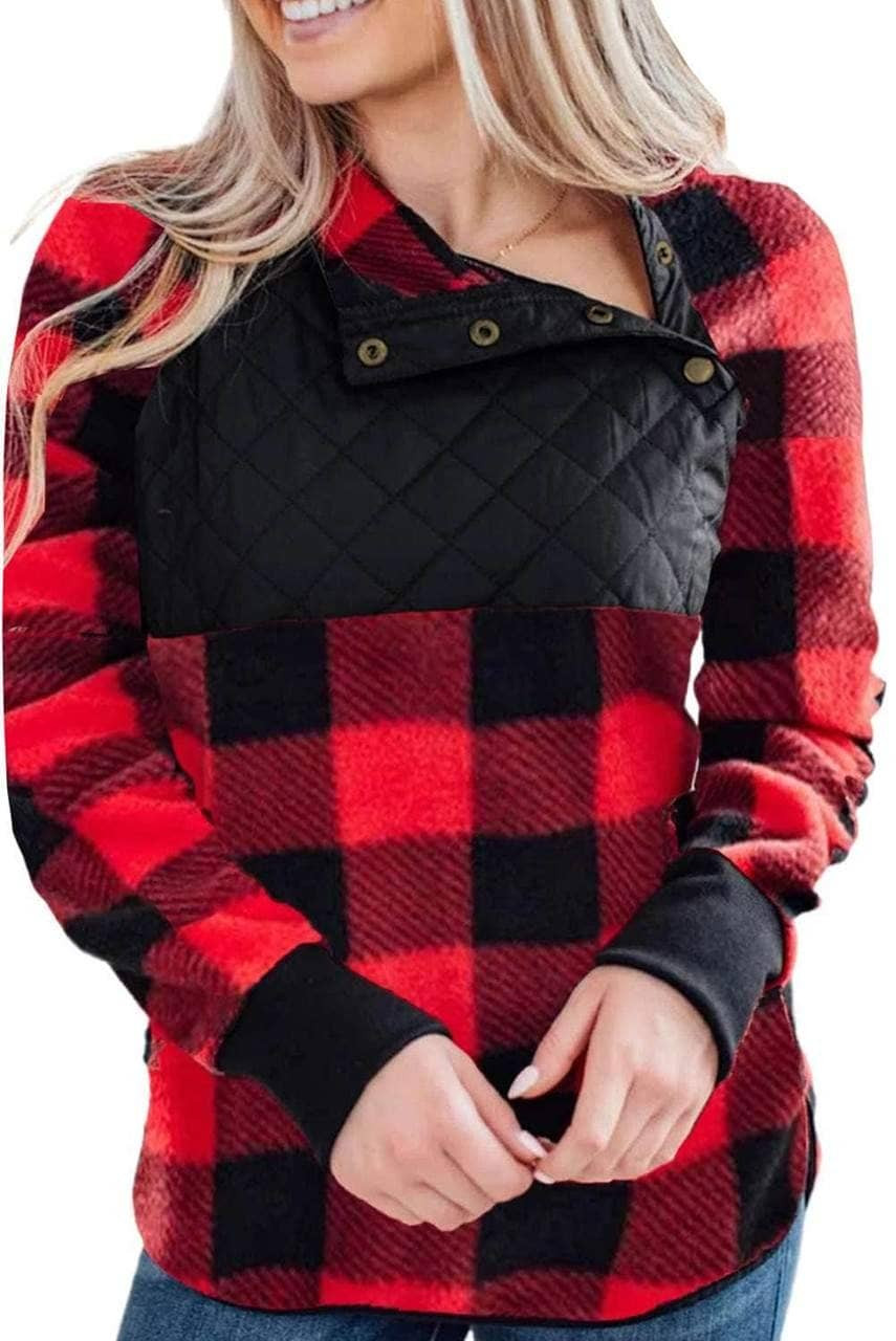Red Long Sleeve Plaid Paneled Sweatshirt Red Long Sleeve Plaid Paneled Sweatshirt