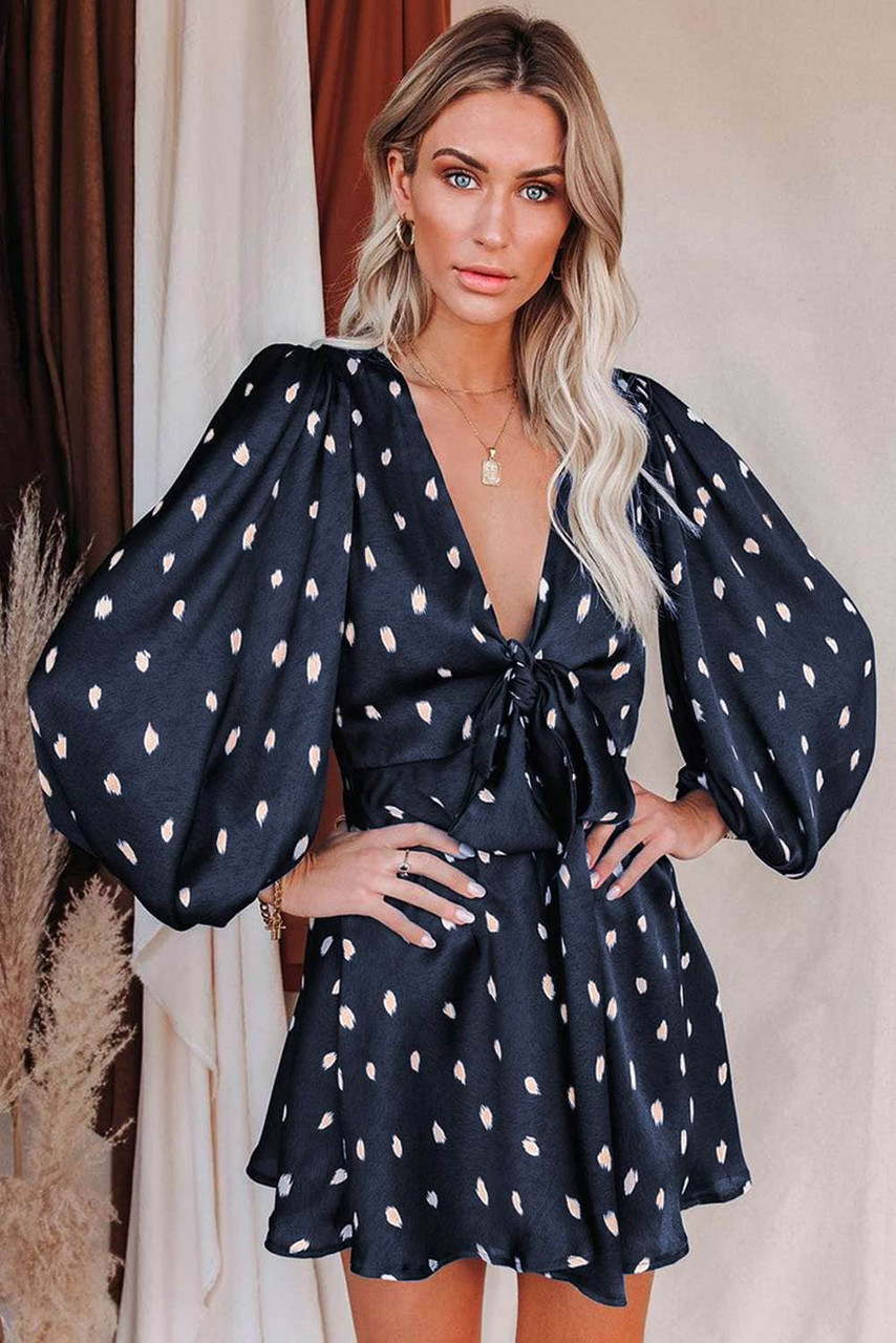 Blue Deep V Neck Balloon Sleeve Knotted Dot Print A-Line Dress