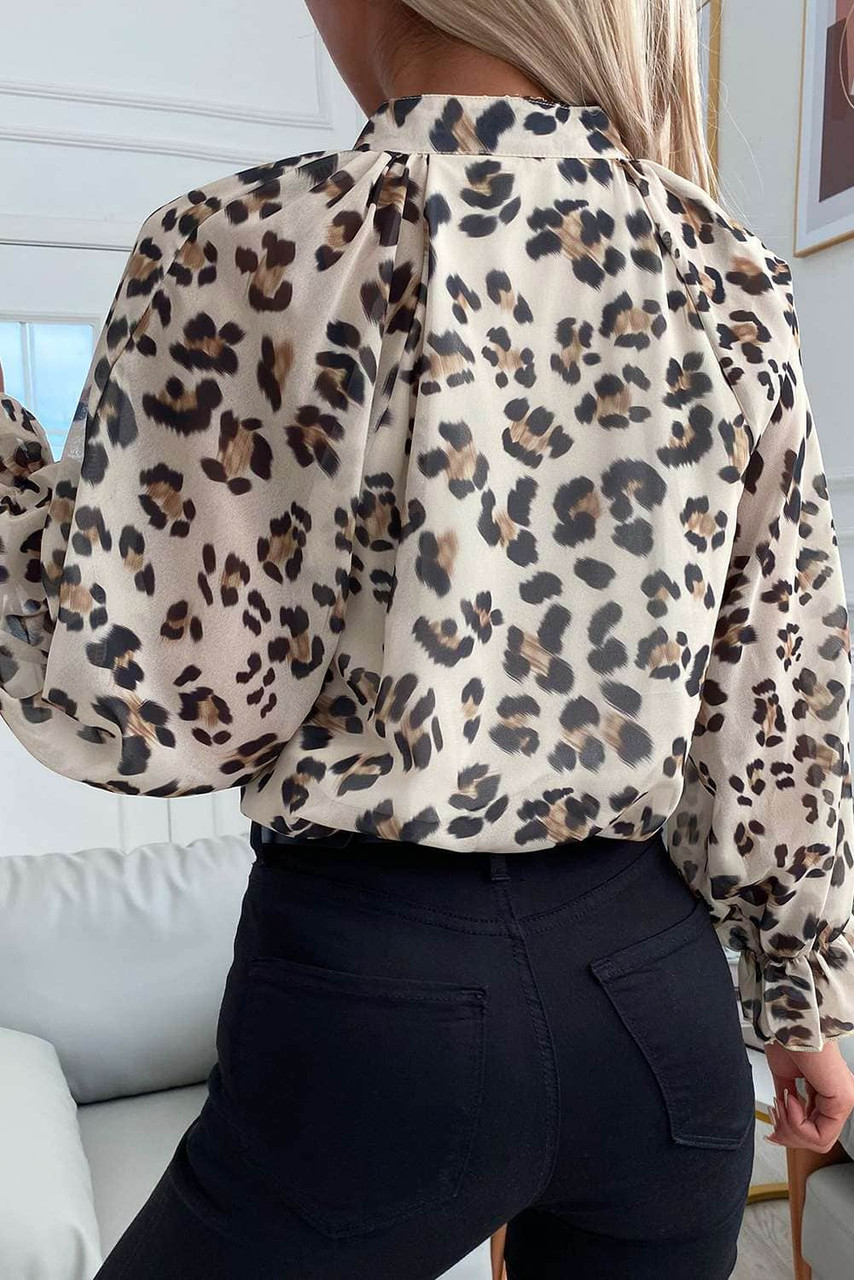 Leopard Print V Neck Lantern Sleeve Buttons Shirt