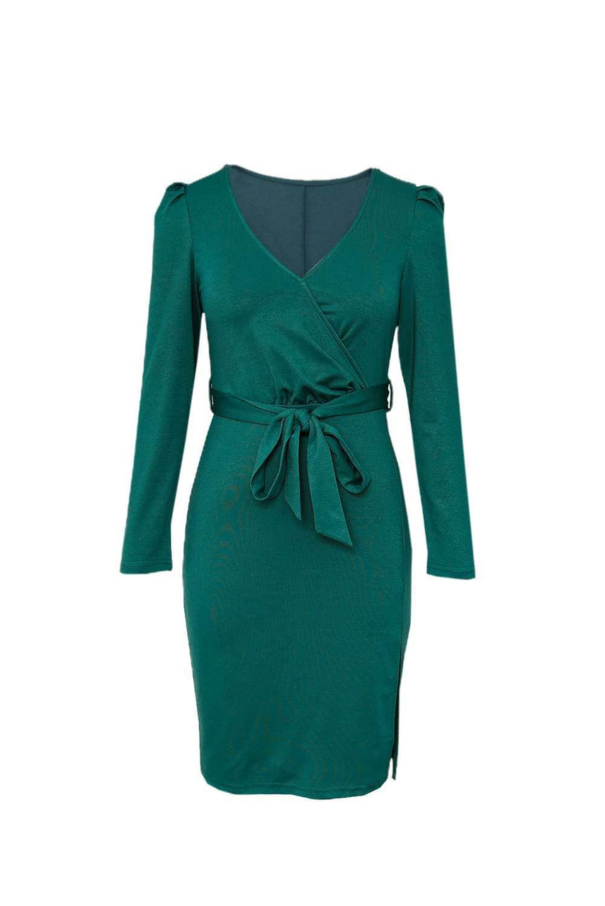 Green V Neck Long Sleeve Belted Side Split Bodycon Dress