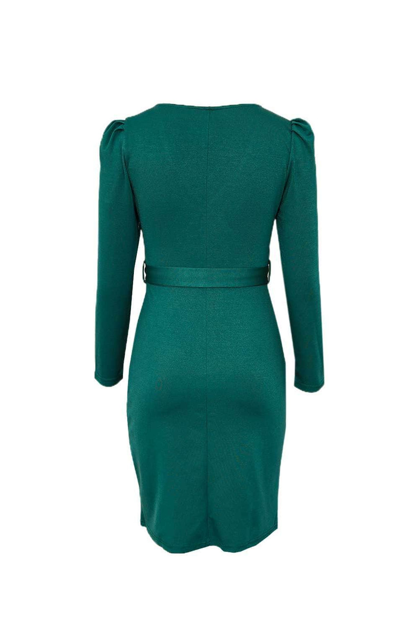 Green V Neck Long Sleeve Belted Side Split Bodycon Dress