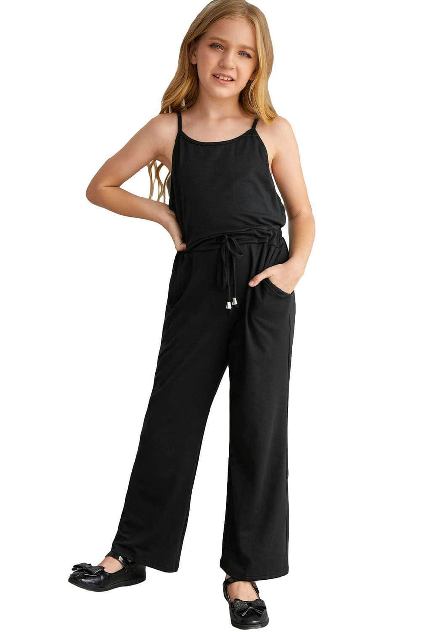 Black Spaghetti Strap Wide Leg Girls Jumpsuit