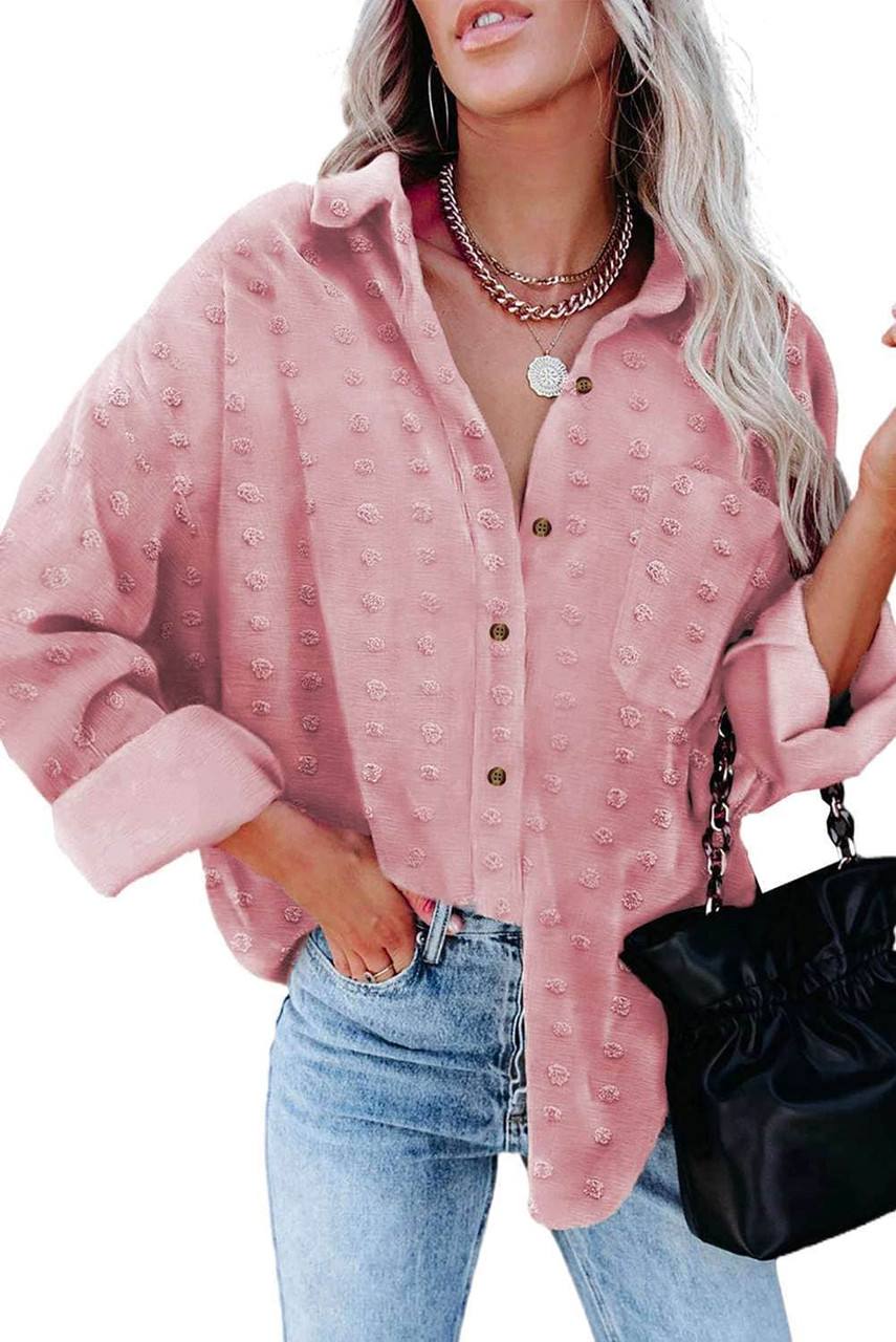 Pink Swiss Dot Buttoned Pocket Long Sleeve Shirt Pink Swiss Dot Buttoned Pocket Long Sleeve Shirt