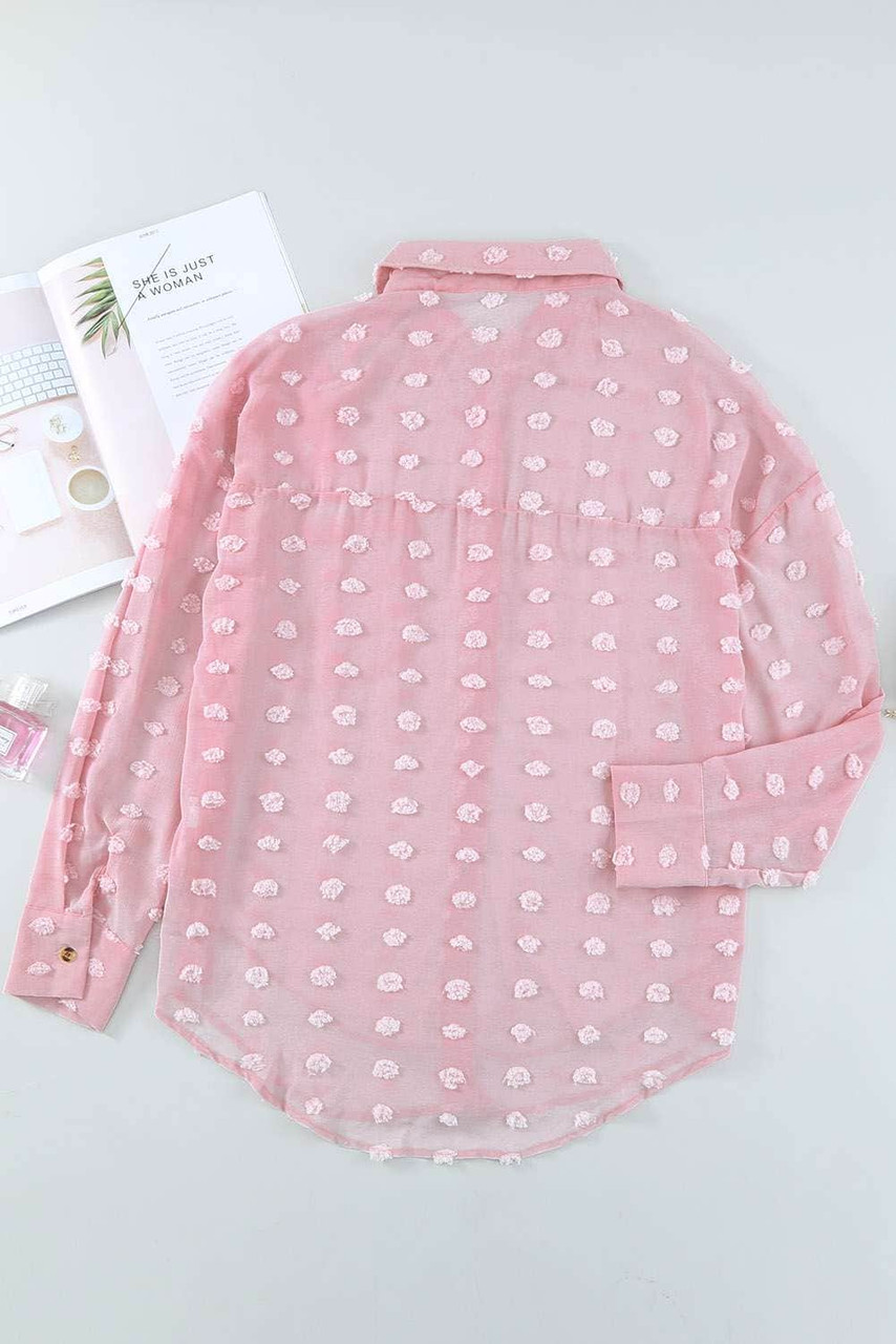 Pink Swiss Dot Buttoned Pocket Long Sleeve Shirt Pink Swiss Dot Buttoned Pocket Long Sleeve Shirt