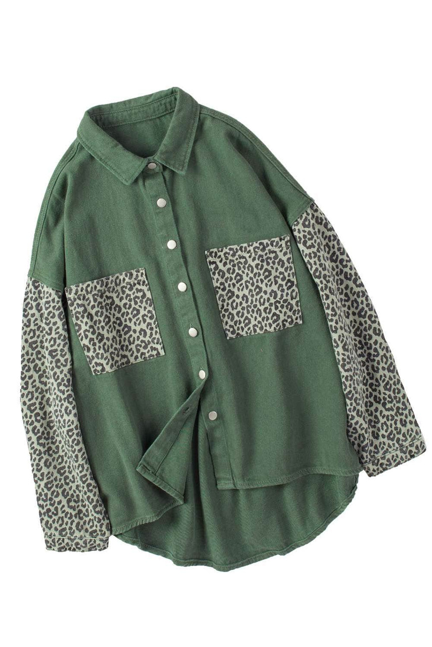 Green Contrast Leopard Denim Jacket