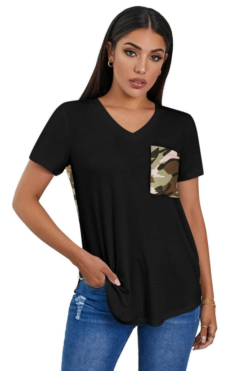 Black Women's Casual Camo Printed Splicing Pullover Pocket Blouse