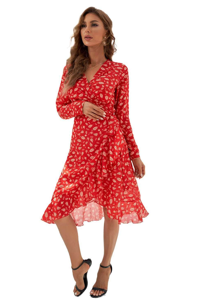Red Long Sleeve Surplice V Neck Printed Midi Dress with Sash