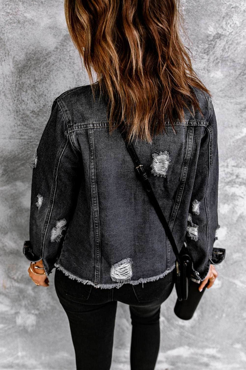 Black Lapel Distressed Raw Hem Buttons Denim Jacket