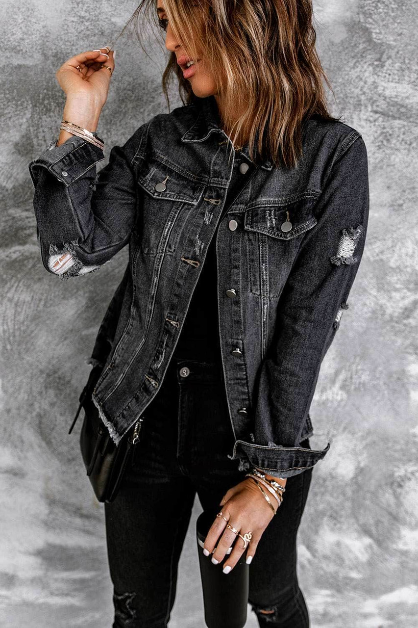 Black Lapel Distressed Raw Hem Buttons Denim Jacket