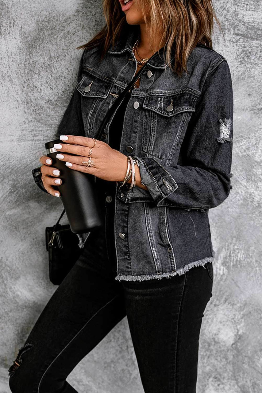 Black Lapel Distressed Raw Hem Buttons Denim Jacket