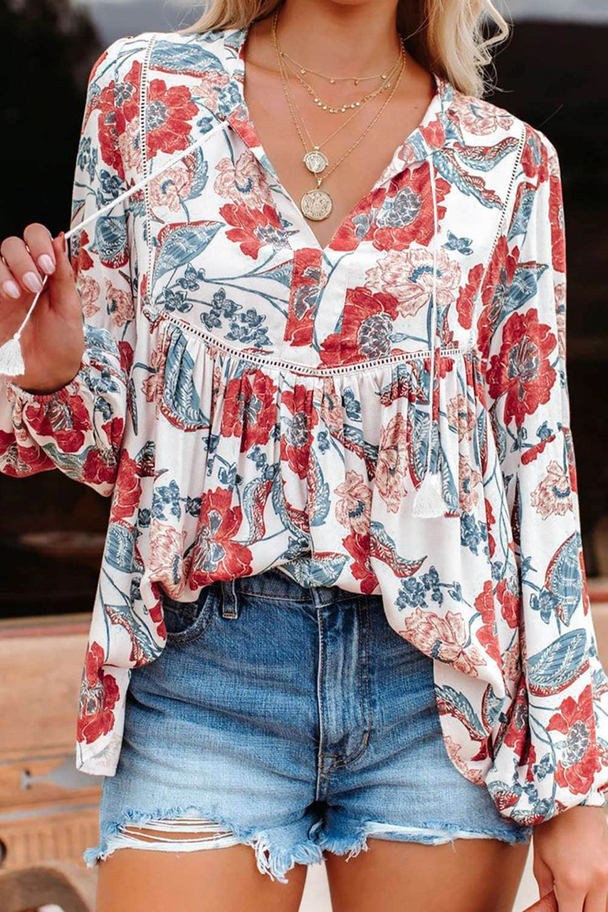 Red Split Neck Bubble Sleeve Floral Patchwork Blouse