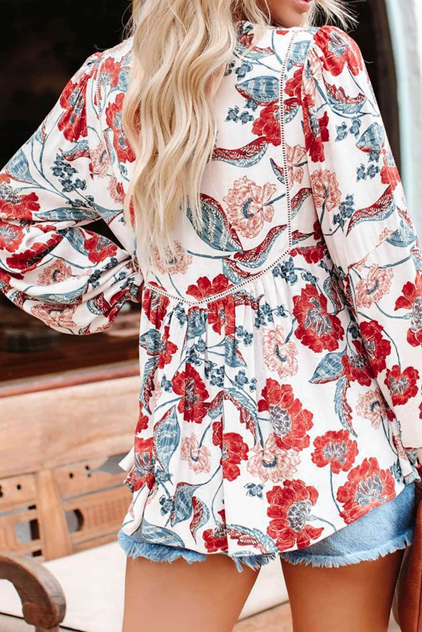 Red Split Neck Bubble Sleeve Floral Patchwork Blouse