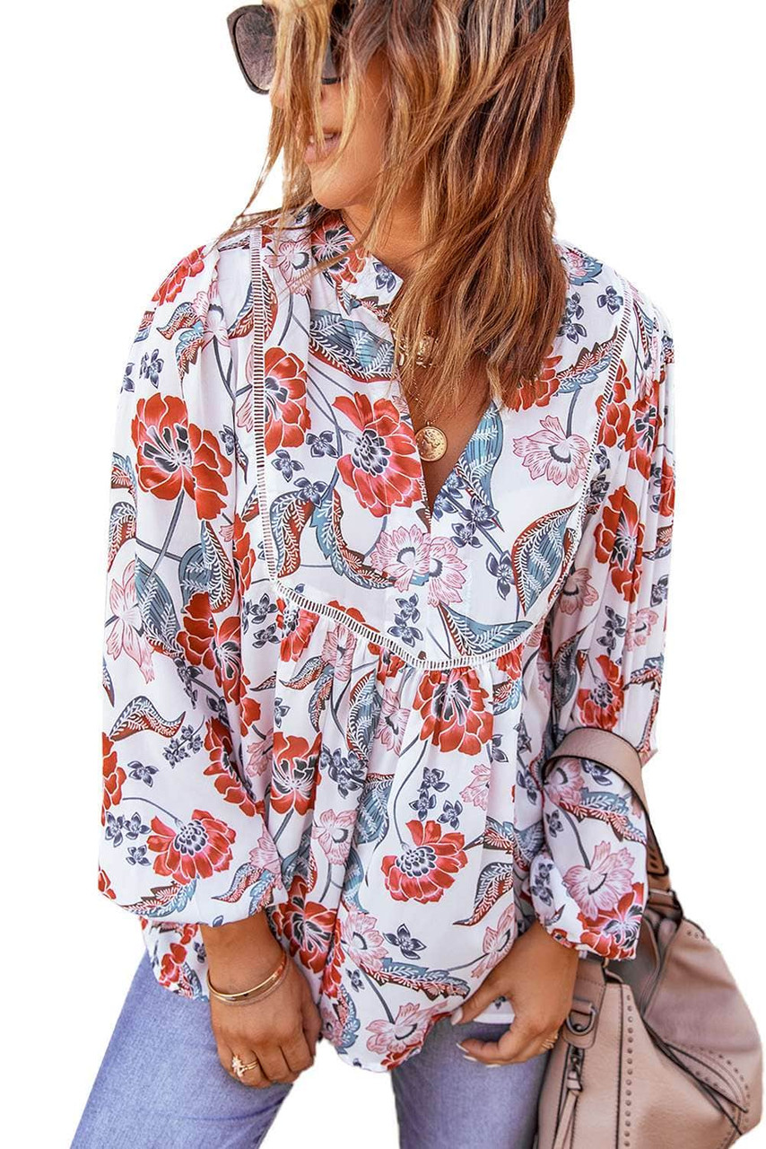 Red Split Neck Bubble Sleeve Floral Patchwork Blouse