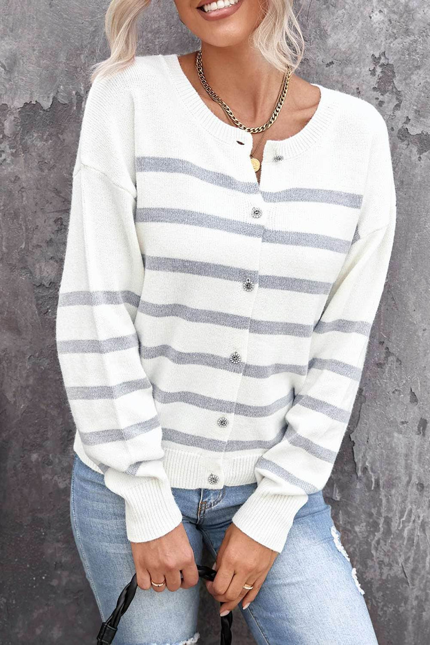 Striped Print Buttoned Sweater Cardigan