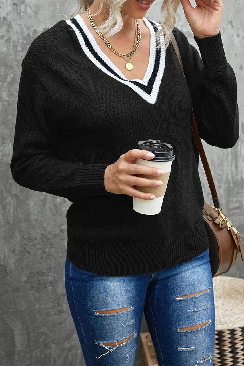 Black Deep V Contrasted Neckline Knitted Sweater