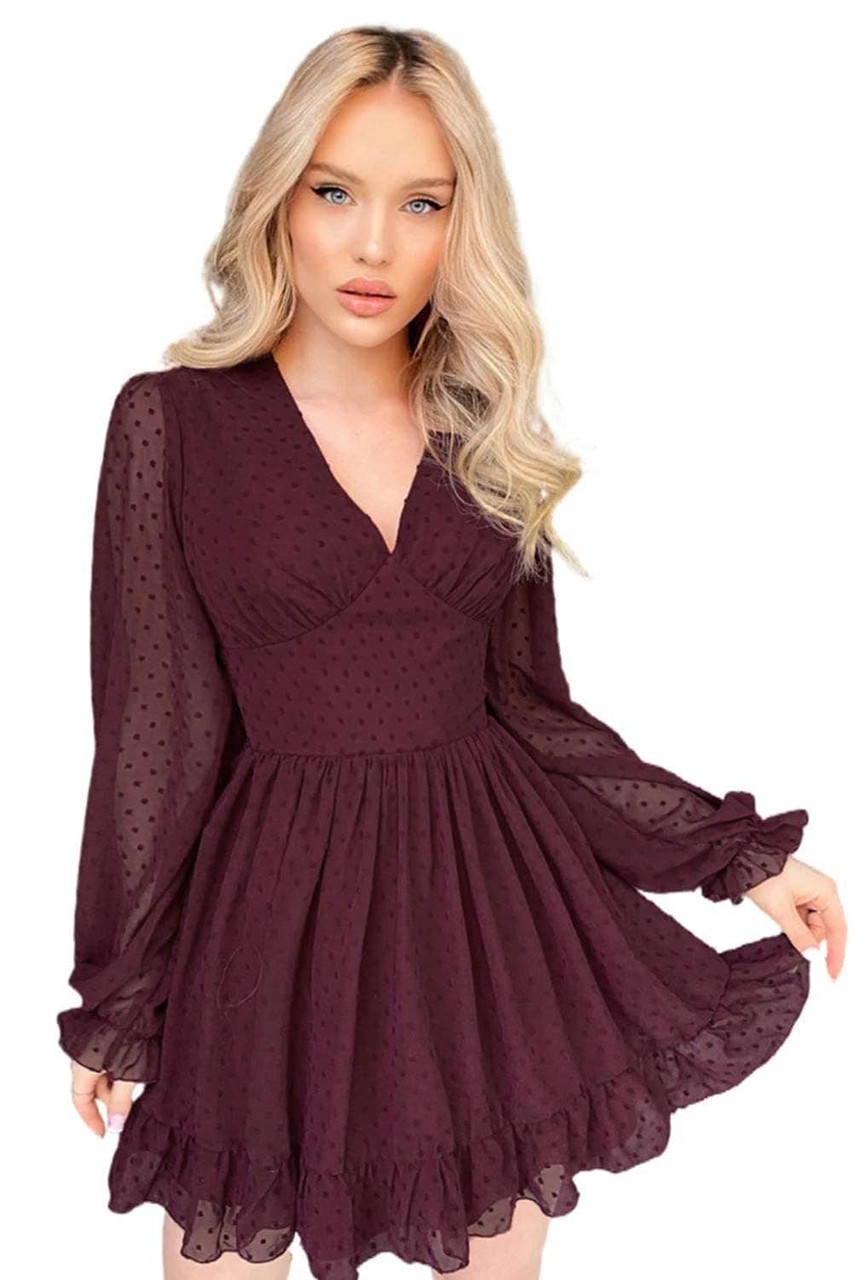 Wine Red V Neck Lantern Sleeve Swiss Dot Mini Dress