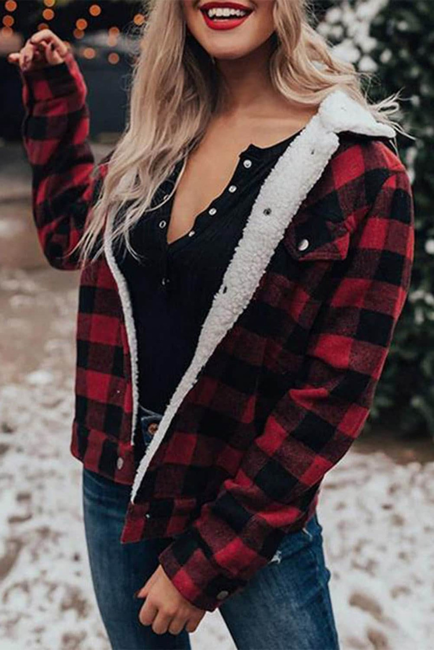 Red Plaid Print Fleece Button Jacket