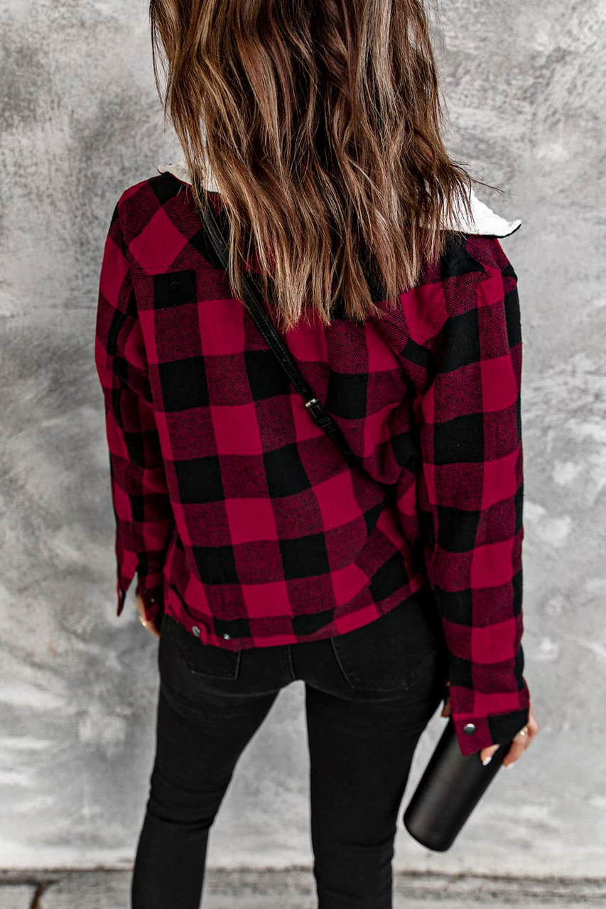 Red Plaid Print Fleece Button Jacket