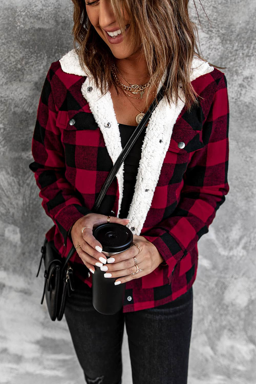 Red Plaid Print Fleece Button Jacket